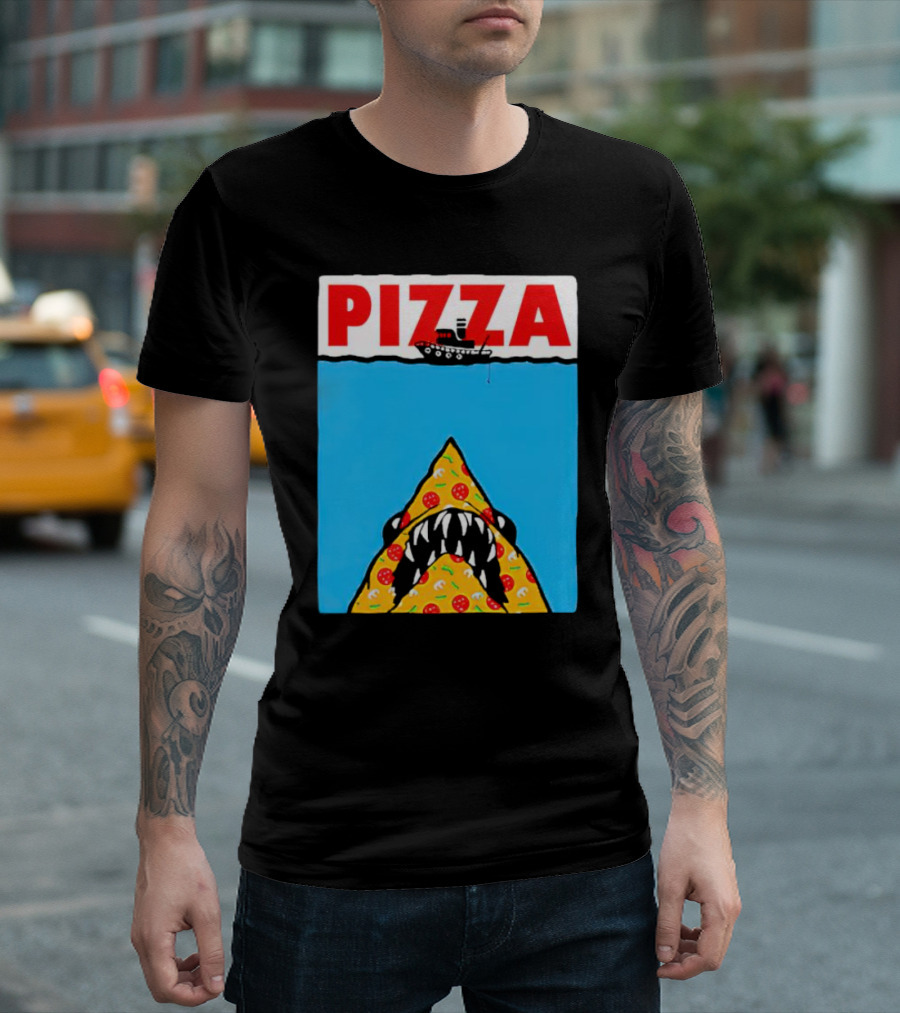 Pizza Slice Jaws Parody with Boat and Ocean T-Shirt
