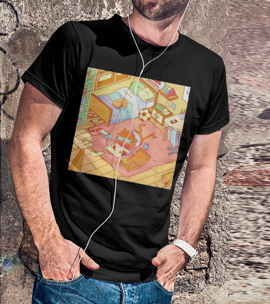 Chillin' Wolfi Gaming Bedroom With Cat And Pizza T-Shirt