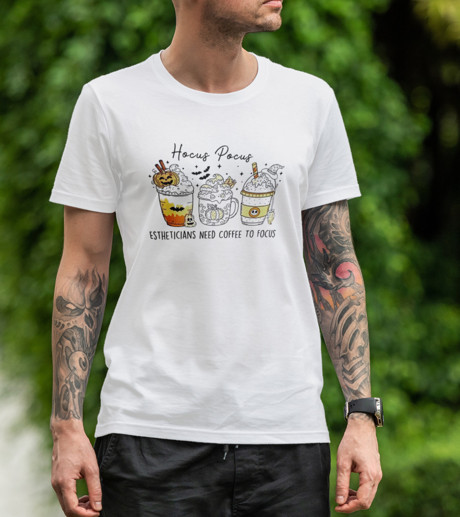 Hocus Pocus Estheticians Need Coffee To Focus With Halloween Pumpkin And Bat Coffee Cups T-Shirt