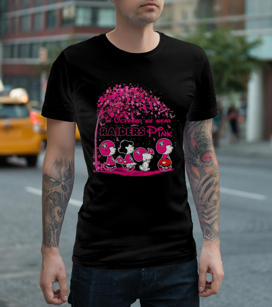 In October We Wear Raiders Pink Peanuts Breast Cancer Awareness T-Shirt