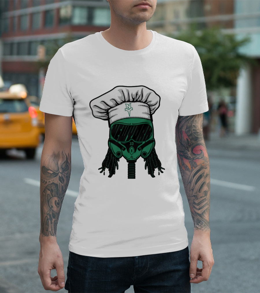 Jet Pilot Cook Chef Hat and Mask with Green Helmet and Braids T-Shirt