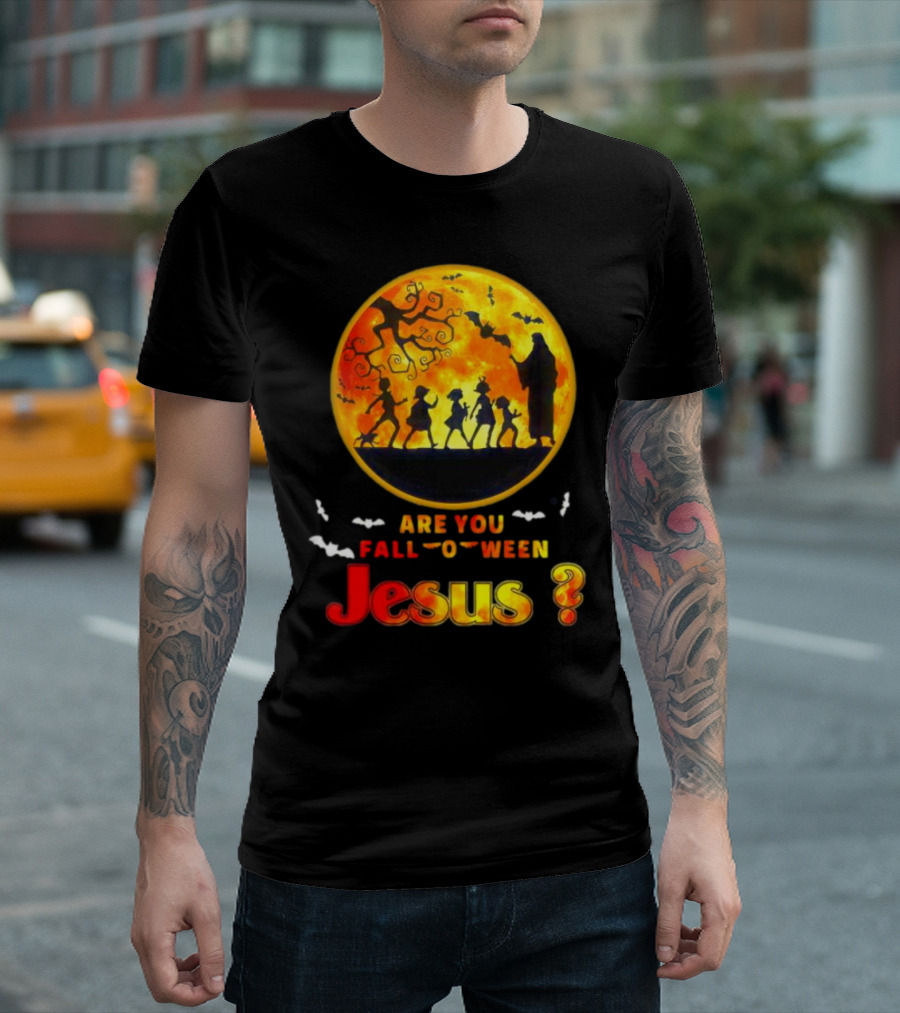 Are You Fall O Ween Jesus Halloween Silhouette with Bats and Tree T-Shirt