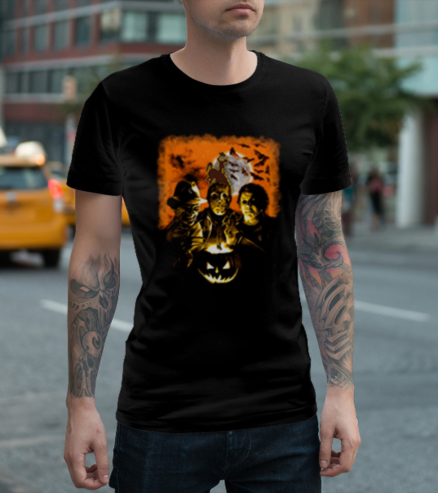 Horror Movies Freddy Krueger Jason Voorhees Michael Myers Halloween Wyoming Cowboys Jack-O'-Lantern Moon Bats T-Shirt
