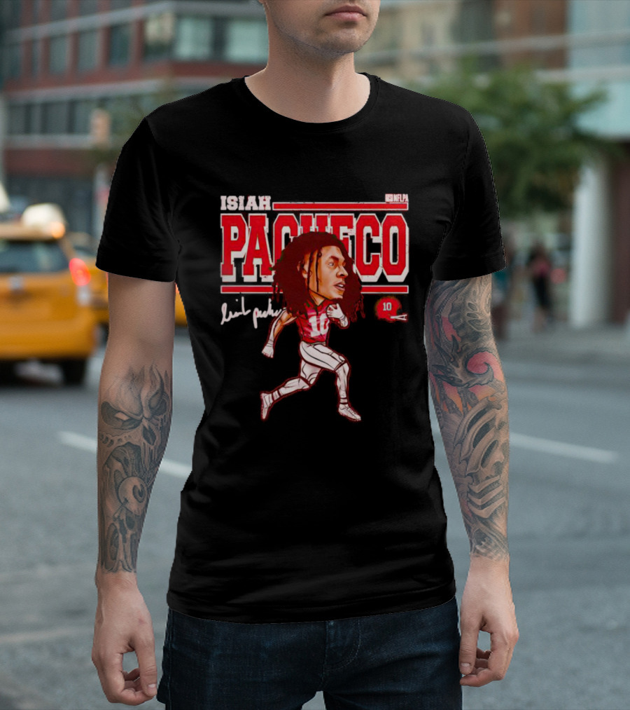 ISIAH PACHECO NFLPA Signature Caricature with Number 10 and Red Helmet T-Shirt