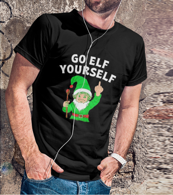 GO ELF YOURSELF Middle Finger Green Elf With Candy Cane T-Shirt