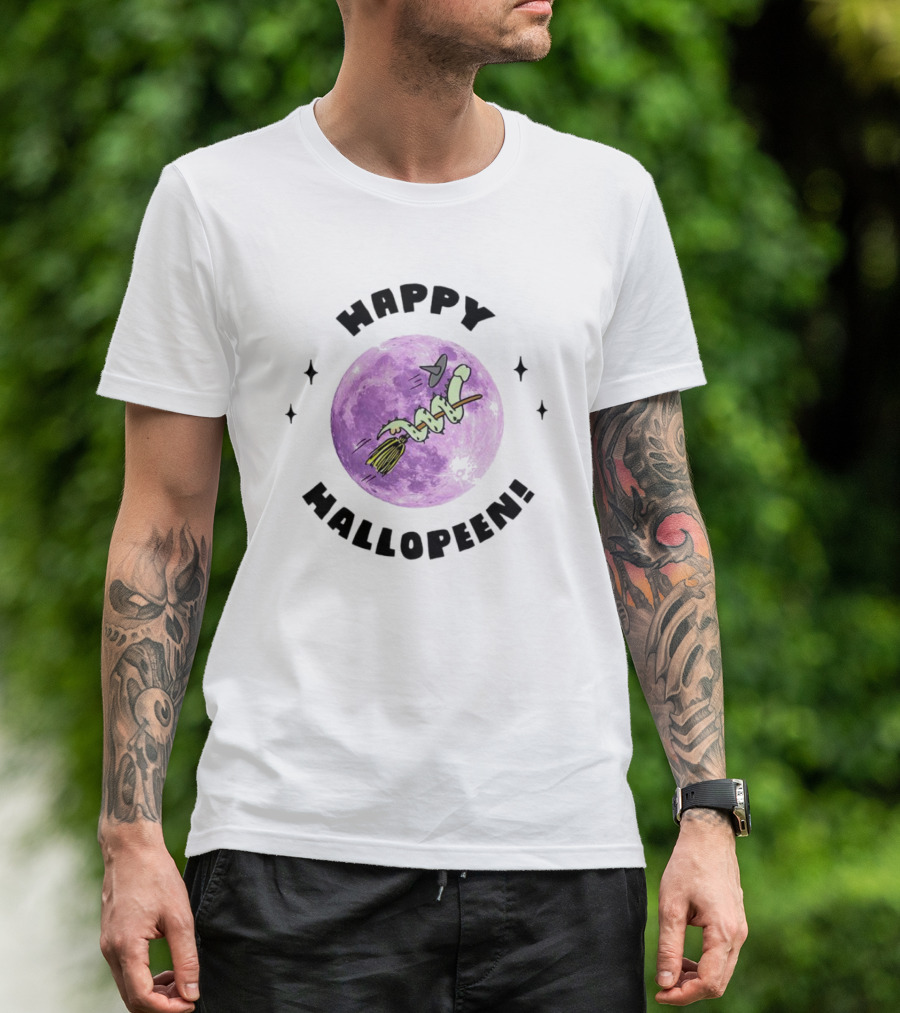 Happy Hallopeen Snake On Broomstick With Purple Moon Halloween T-Shirt