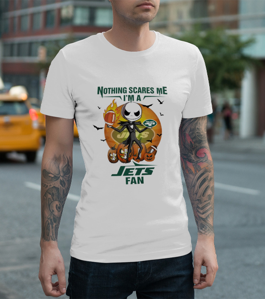 Jack Skellington Nothing Scares Me I'm a New York Jets Fan Halloween Pumpkins Football T-Shirt