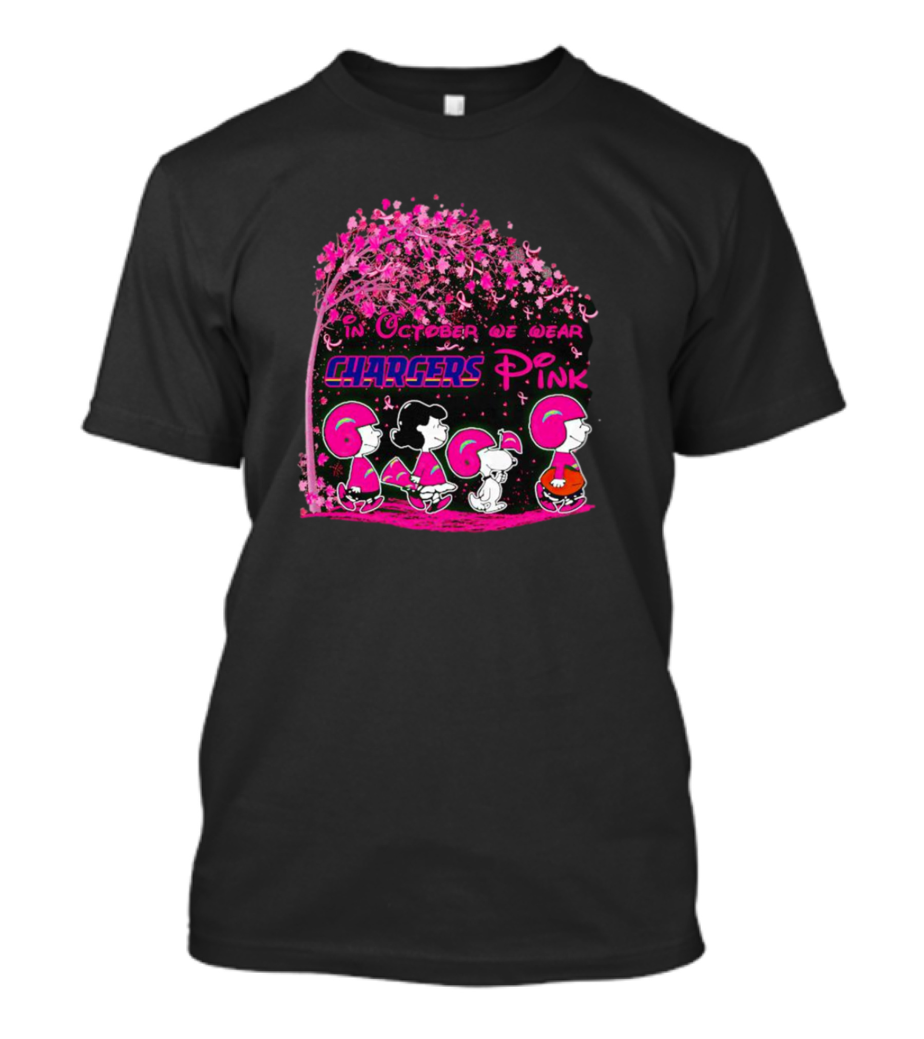 In October We Wear Chargers Pink Peanuts Characters T-Shirt