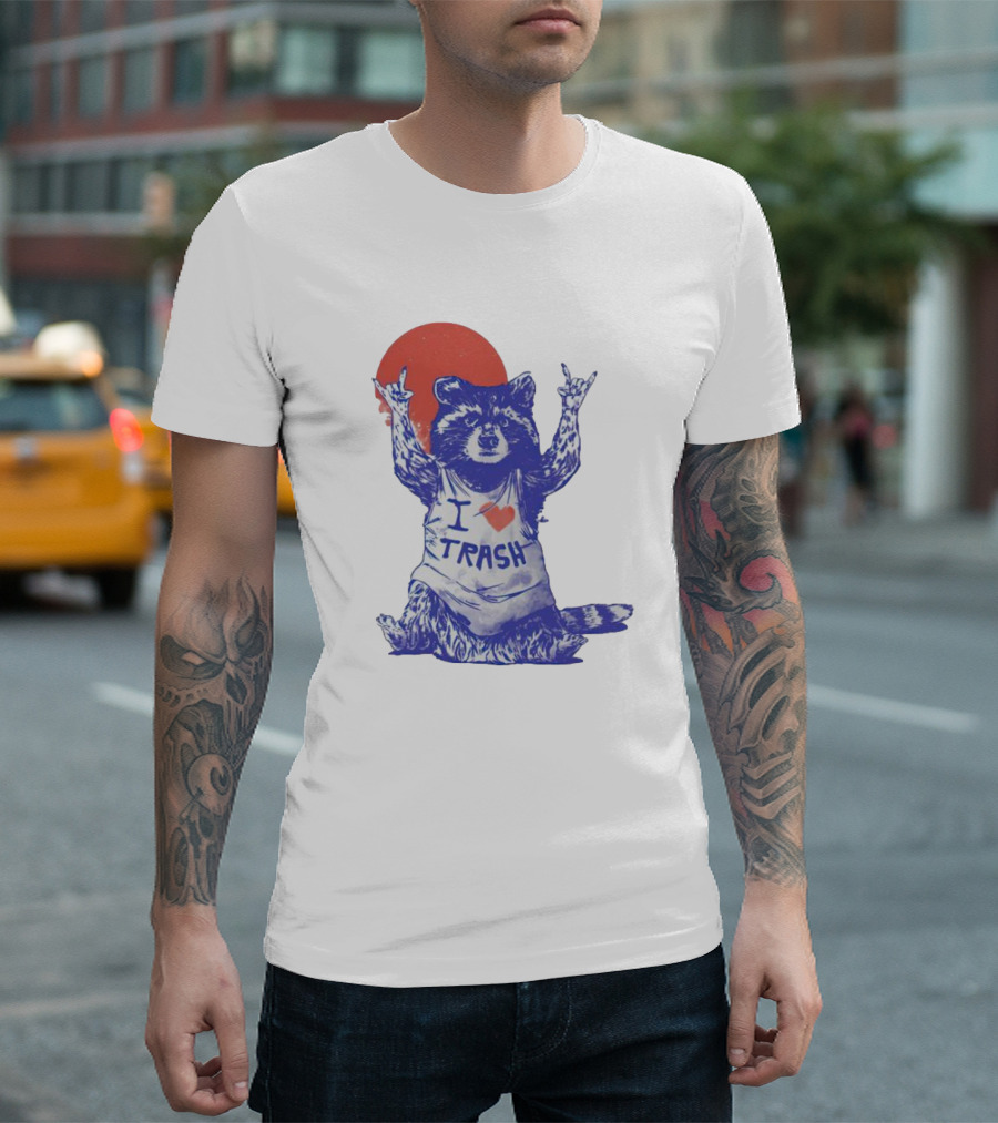 Raccoon I Love Trash Red Moon Rock On T-Shirt