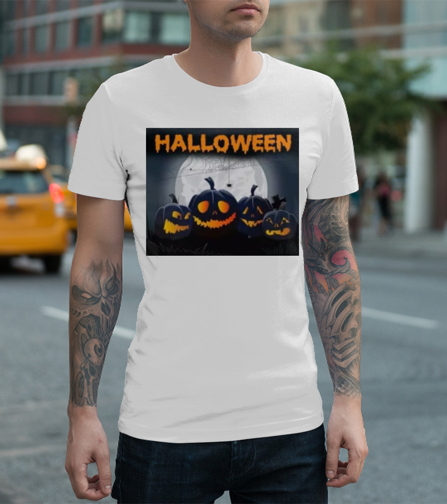 Halloween Horror Pumpkin Picture Moonlit Night Scene T-Shirt