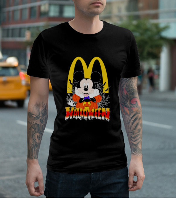 Mickey Mouse Halloween Pumpkin McDonald's Logo With Bats T-Shirt