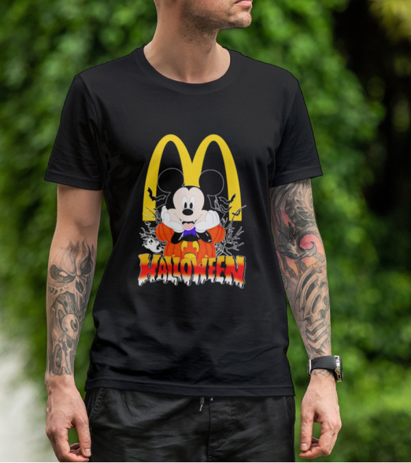 Mickey Mouse Halloween Pumpkin McDonald's Logo With Bats T-Shirt