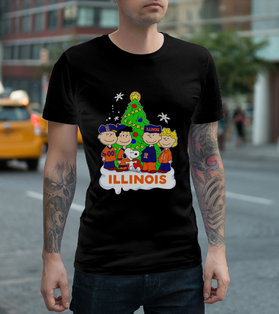 Peanuts Characters Illinois Christmas Tree with Snoopy and Festive Decorations T-Shirt