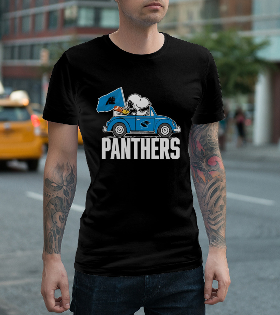 Snoopy and Woodstock Driving Car Panthers Flag T-Shirt