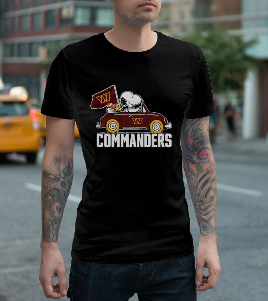 Snoopy and Woodstock Driving Car with Washington Commanders Flag T-Shirt