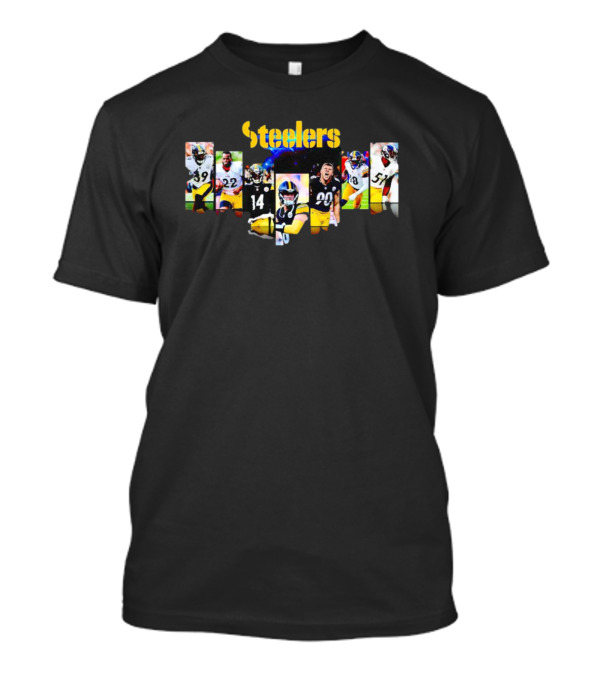 Steelers Legendary Players Collage With Iconic Team Colors And Dynamic Football Poses T-Shirt