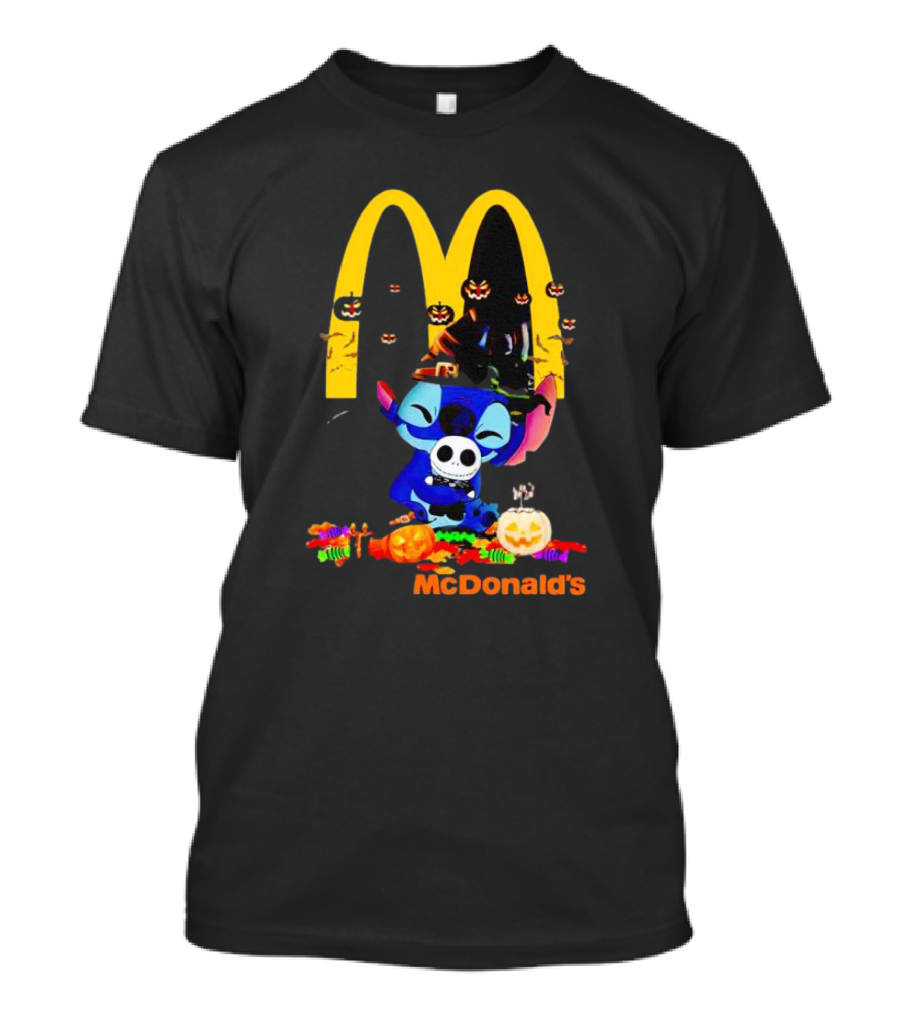Stitch Hugging Jack Skellington With McDonald’s Halloween Pumpkins And Candy T-Shirt