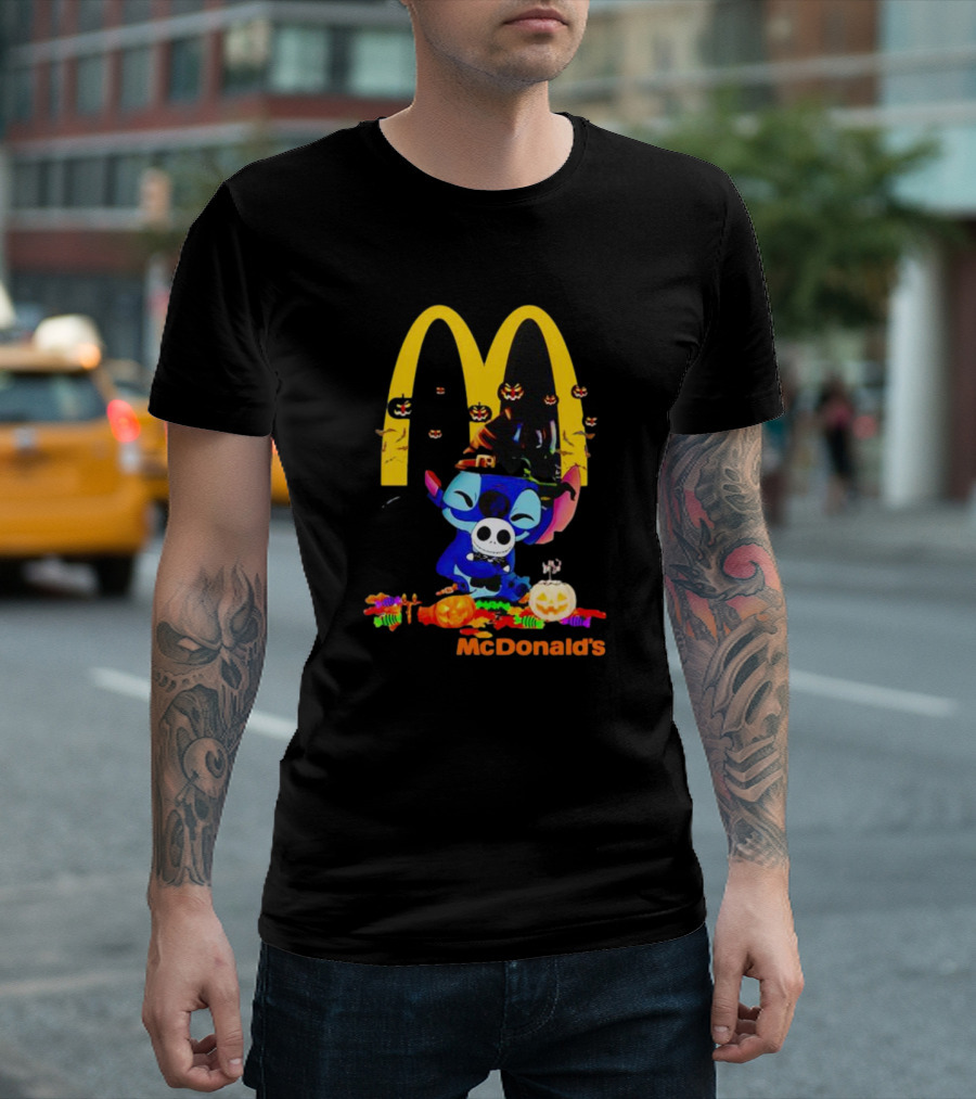 Stitch Hugging Jack Skellington with McDonald’s Halloween Pumpkins and Candy T-Shirt