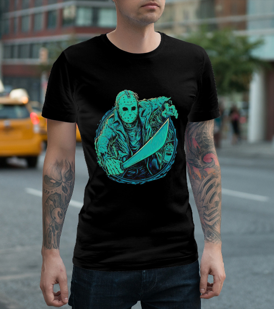 The Crystal Lake Slasher Jason Voorhees Mask and Machete T-Shirt