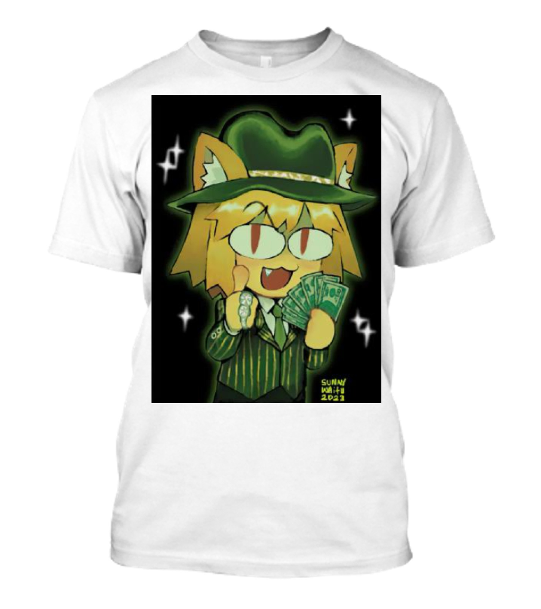Gangster Neco-Arc Money Cartoon Style Green Suit Hat Cash Sparkles T-Shirt