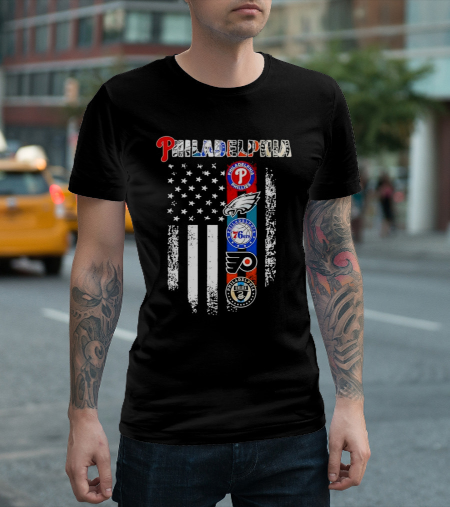 Philadelphia Phillies Eagles 76ers Flyers Union American Flag T-Shirt