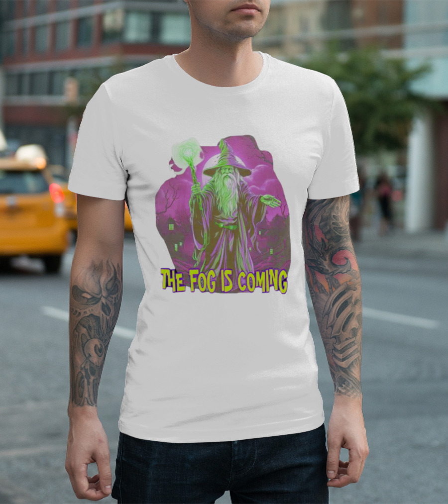 The Fog Is Coming Wizard with Green Staff and Purple Background T-Shirt