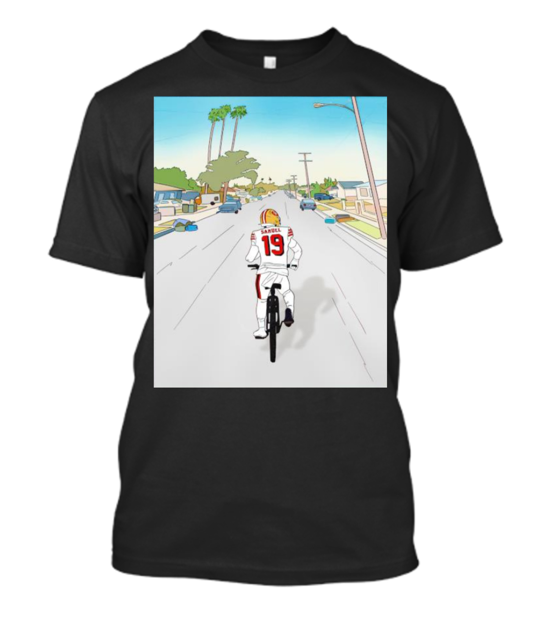 49ers Deebo Samuel Riding Bicycle In Suburban Neighborhood Scene T-Shirt