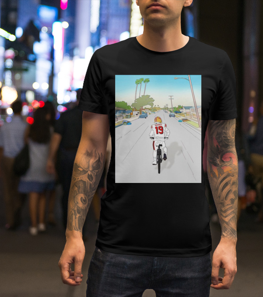 49ers Deebo Samuel Riding Bicycle In Suburban Neighborhood Scene T-Shirt