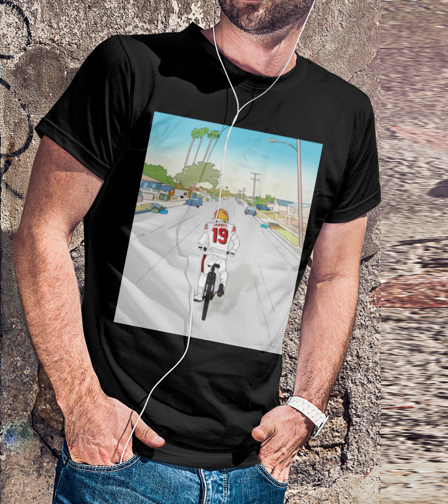 49ers Deebo Samuel Riding Bicycle In Suburban Neighborhood Scene T-Shirt