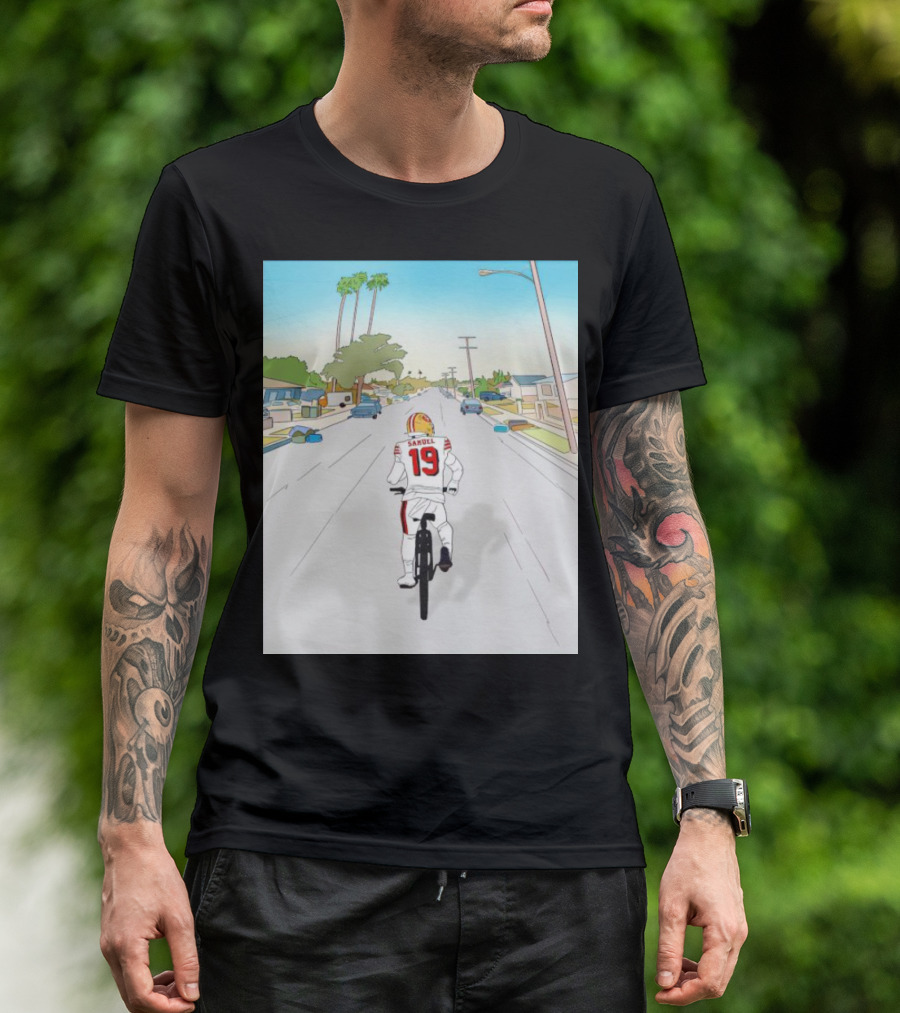49ers Deebo Samuel Riding Bicycle In Suburban Neighborhood Scene T-Shirt