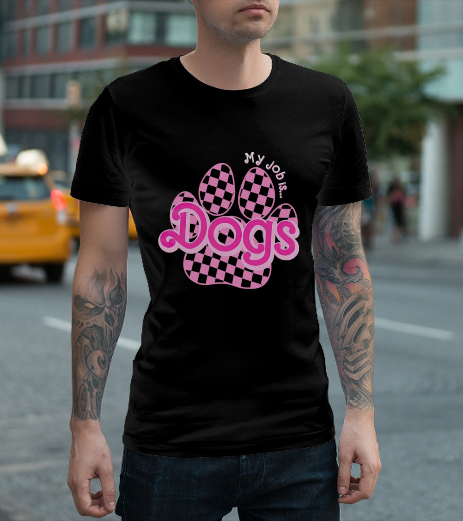 Barbie My Job Is Dogs Pink Checkered Paw Prints T-Shirt
