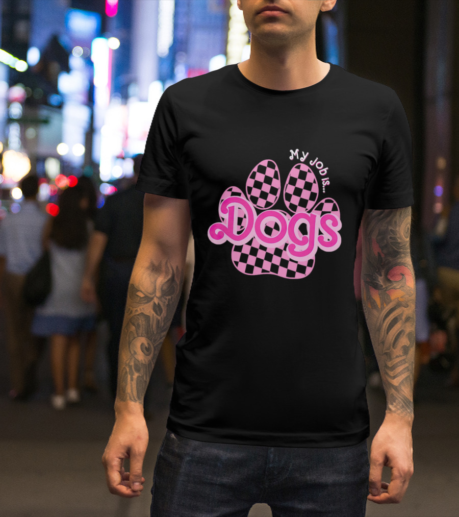 Barbie My Job Is Dogs Pink Checkered Paw Prints T-Shirt