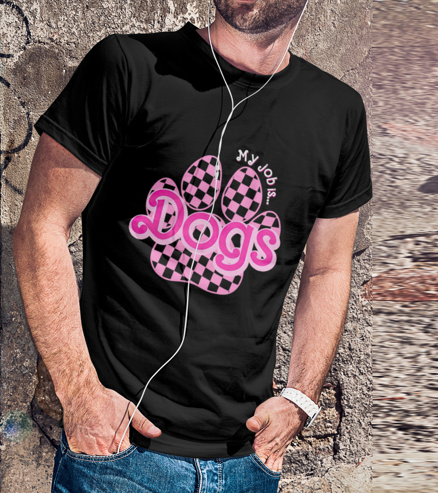 Barbie My Job Is Dogs Pink Checkered Paw Prints T-Shirt
