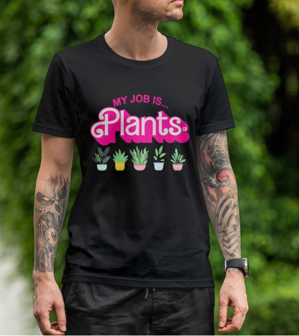 Barbie Plants My Job Is Plants Pink Logo With Potted Greenery T-Shirt