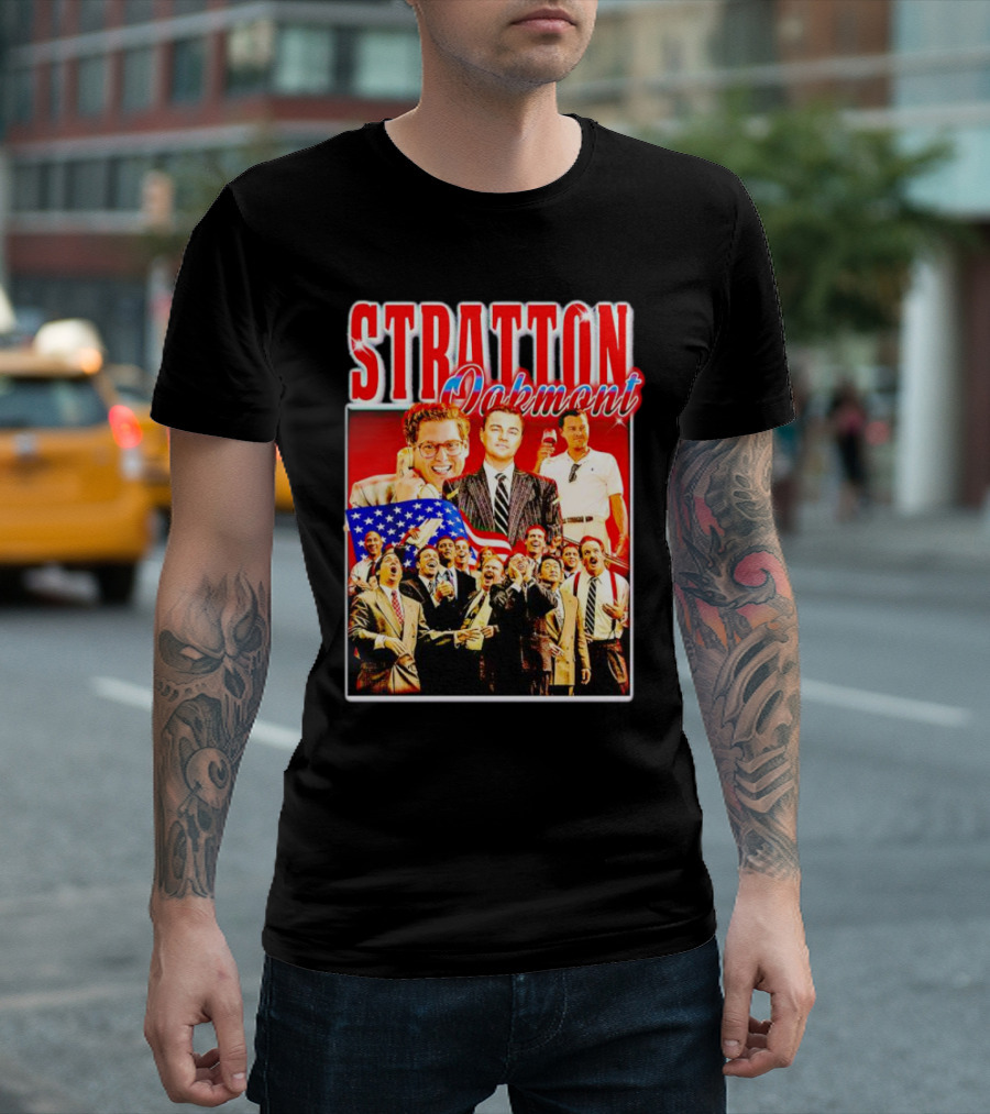 Stratton Oakmont Wall Street Patriotic Collage Scene T-Shirt