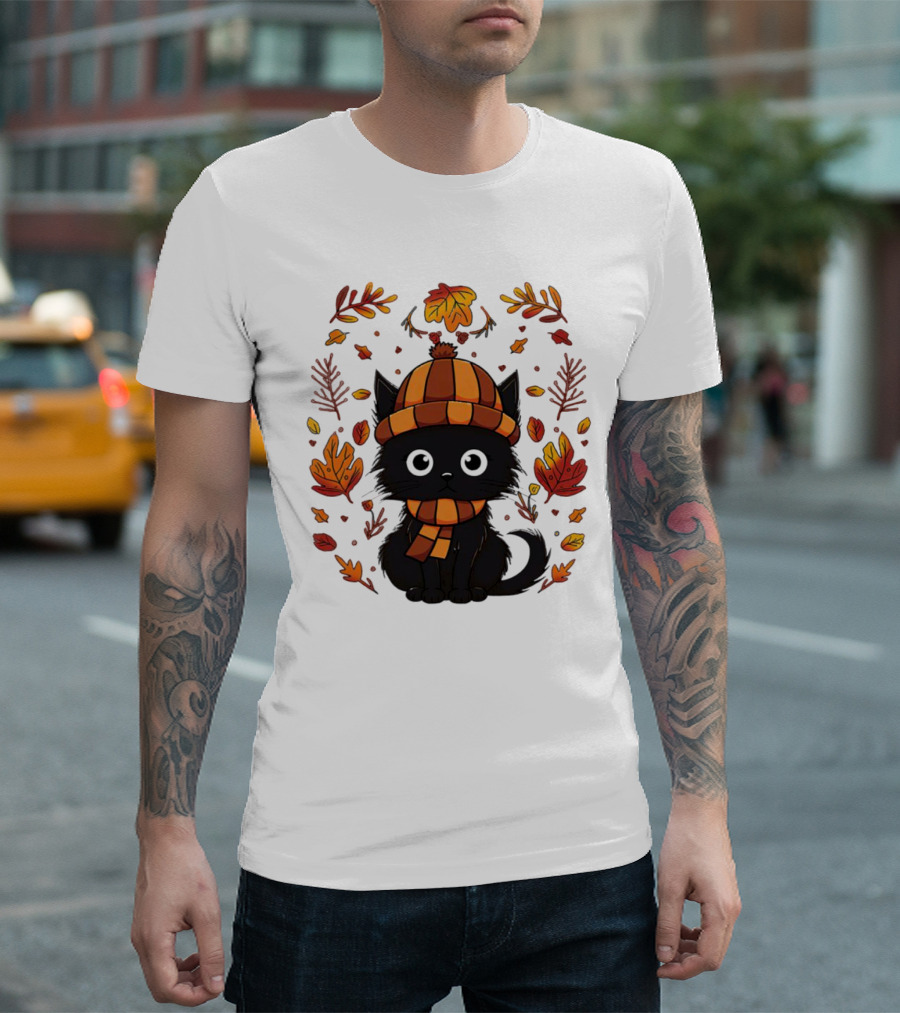 Black Cat Autumn Leaves Cozy Fall T-Shirt