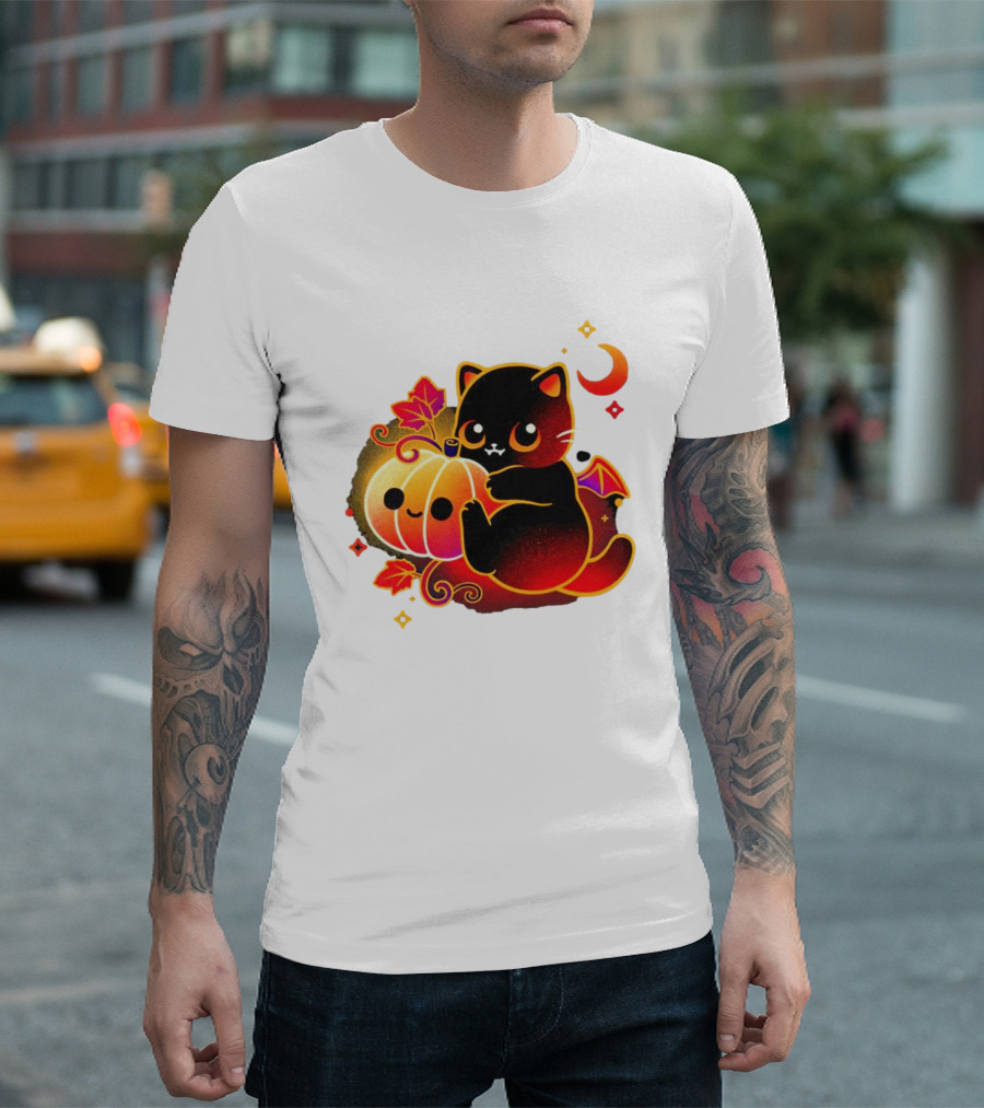 Cat Demon Halloween Moon Pumpkin Leaves Bat Wings T-Shirt