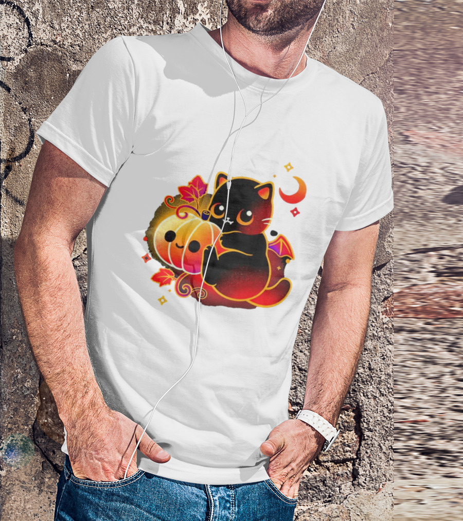 Cat Demon Halloween Moon Pumpkin Leaves Bat Wings T-Shirt