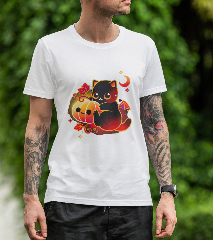 Cat Demon Halloween Moon Pumpkin Leaves Bat Wings T-Shirt
