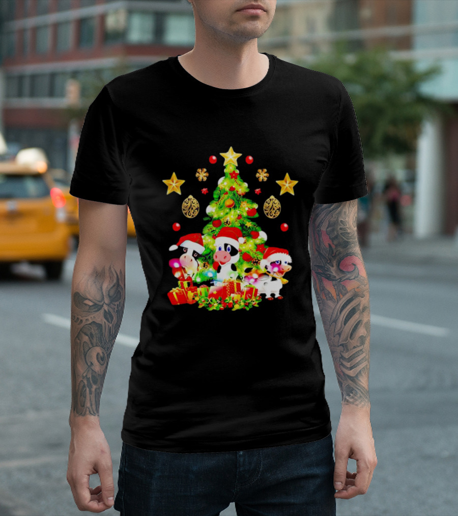 Dairy Cow With Christmas Tree Festive Santa Hats And Presents T-Shirt