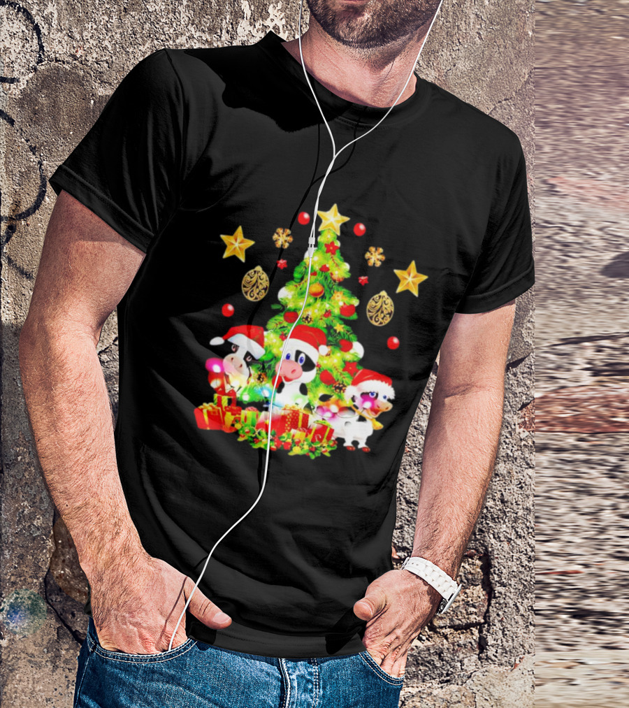 Dairy Cow With Christmas Tree Festive Santa Hats And Presents T-Shirt