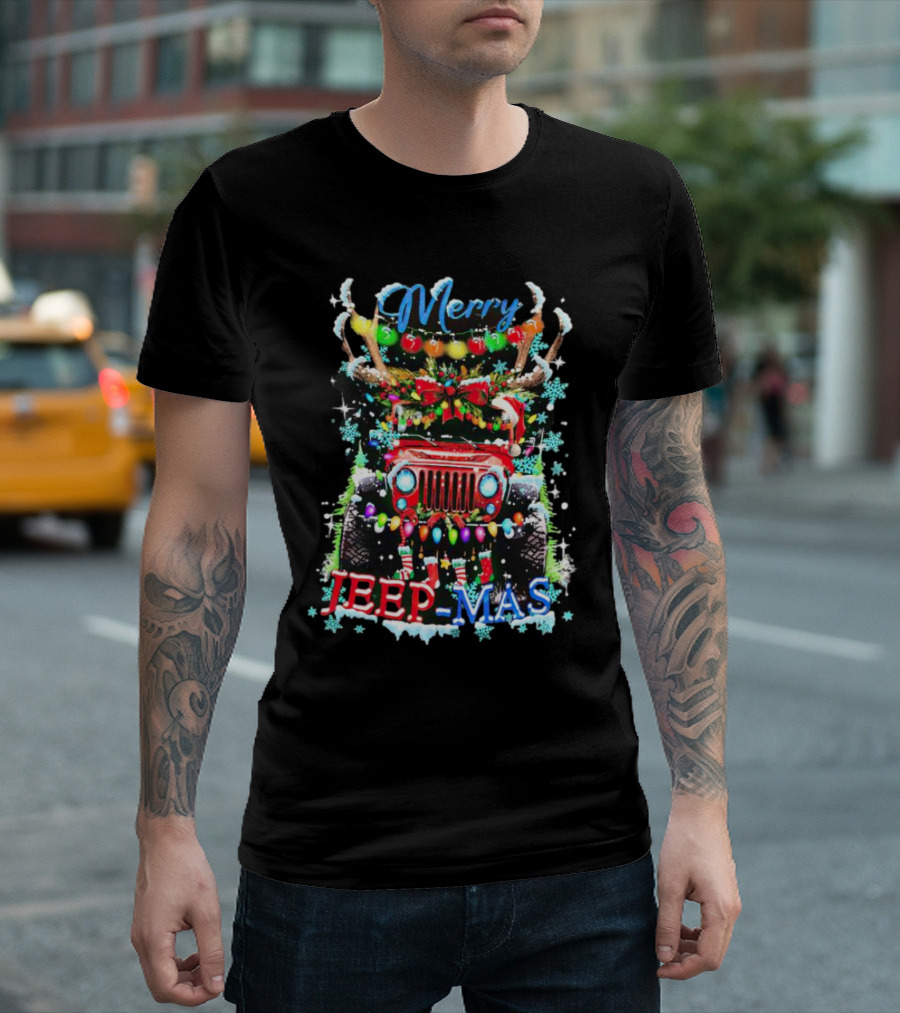 Merry Jeep Mas Reindeer Lights Snowflakes Christmas Decorations T-Shirt