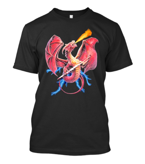 Red Dragon Breathing Fire Holding Sword Flying With Lightning In Background T-Shirt