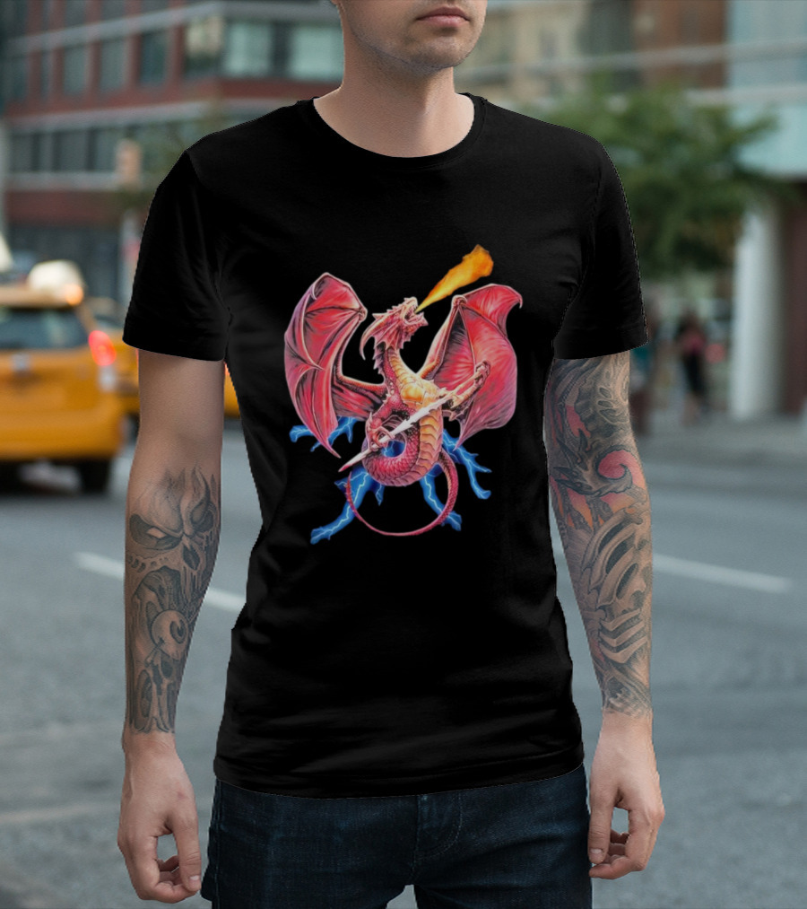 Red Dragon Breathing Fire Holding Sword Flying with Lightning in Background T-Shirt