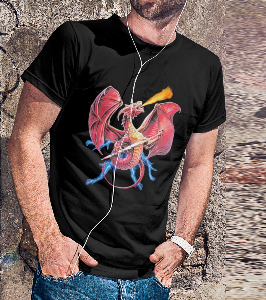 Red Dragon Breathing Fire Holding Sword Flying With Lightning In Background T-Shirt