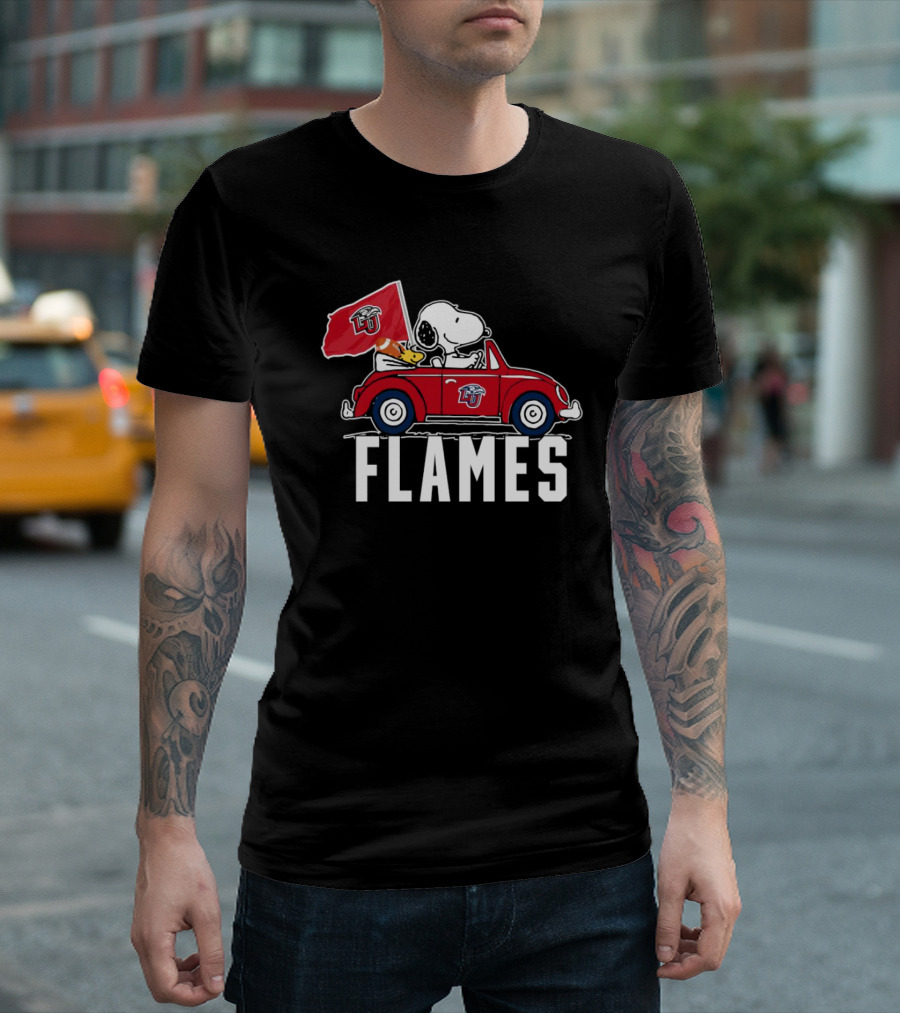 Snoopy and Woodstock Driving Liberty University Flames Car T-Shirt