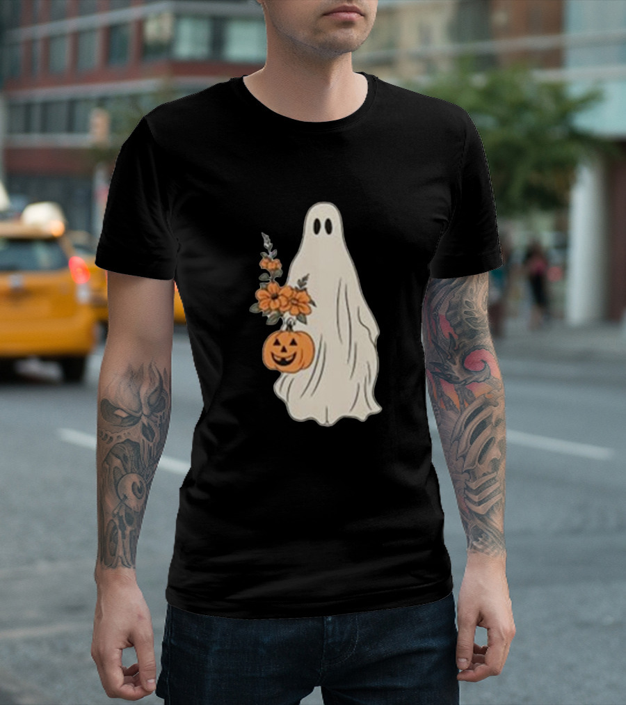 Vintage Halloween Ghost with Floral Bouquet and Pumpkin T-Shirt