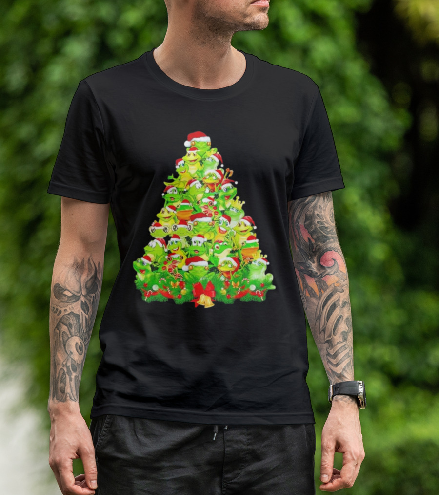 Frogs With Santa Hats Christmas Tree Holiday T-Shirt