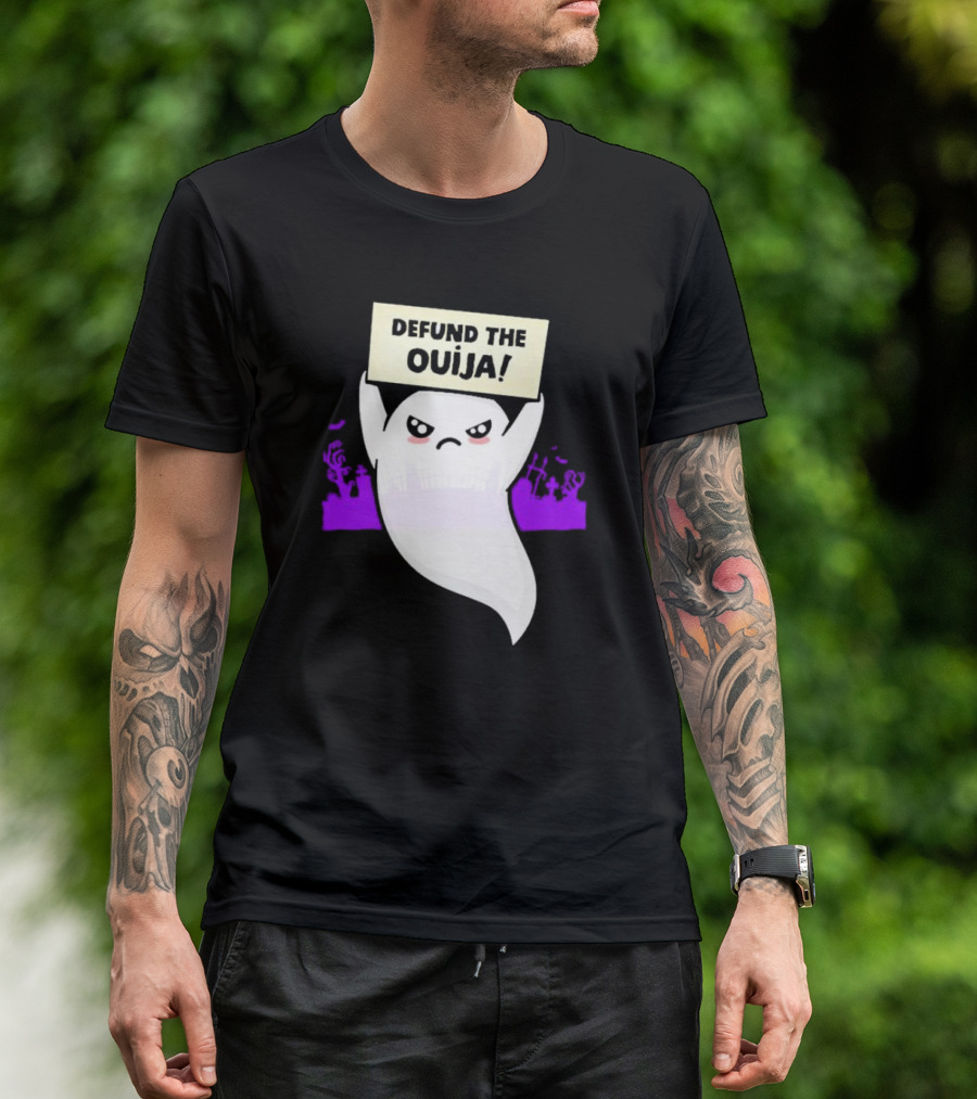 Defund The Ouija Angry Ghost Protest With Graveyard Background T-Shirt