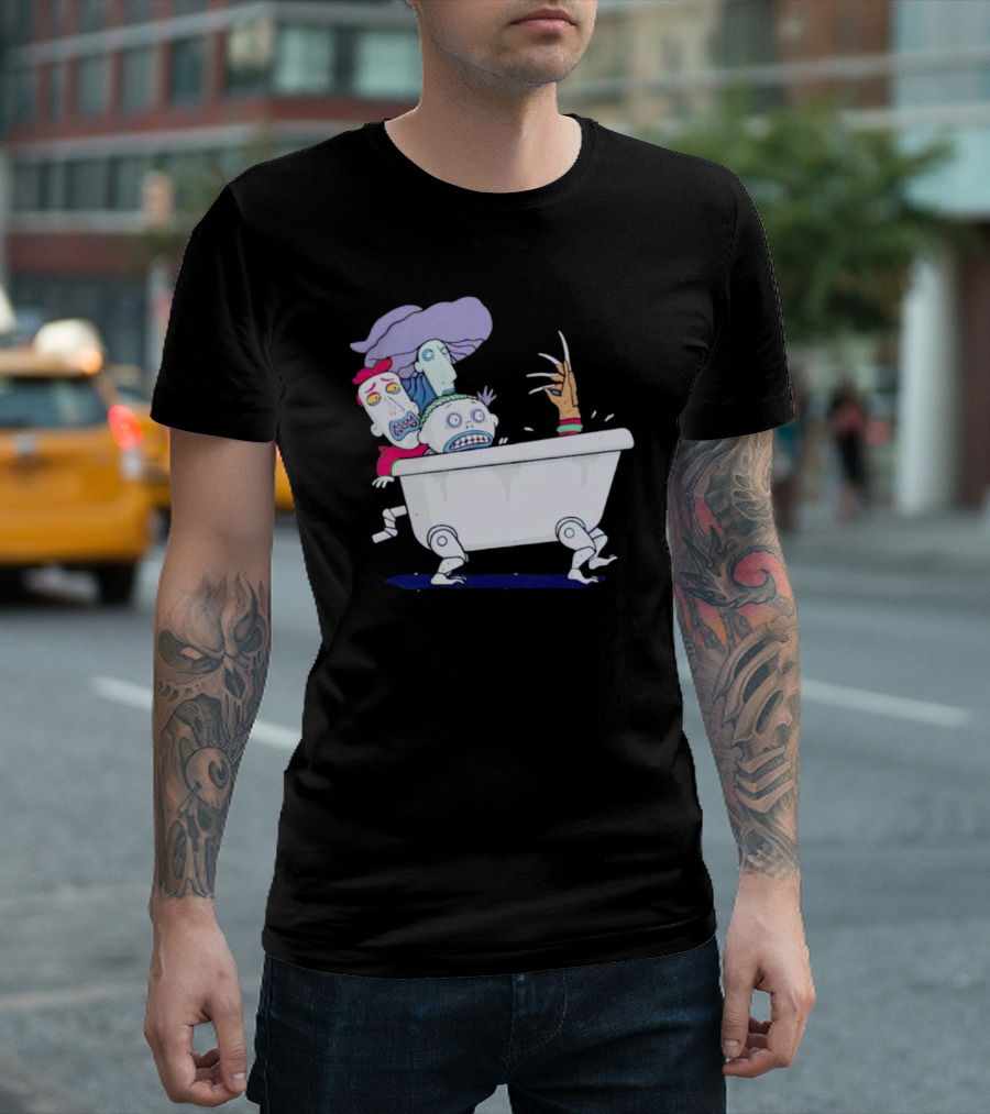 Halloween Scary Bathtub Cartoon Skeletons and Claw Hand T-Shirt